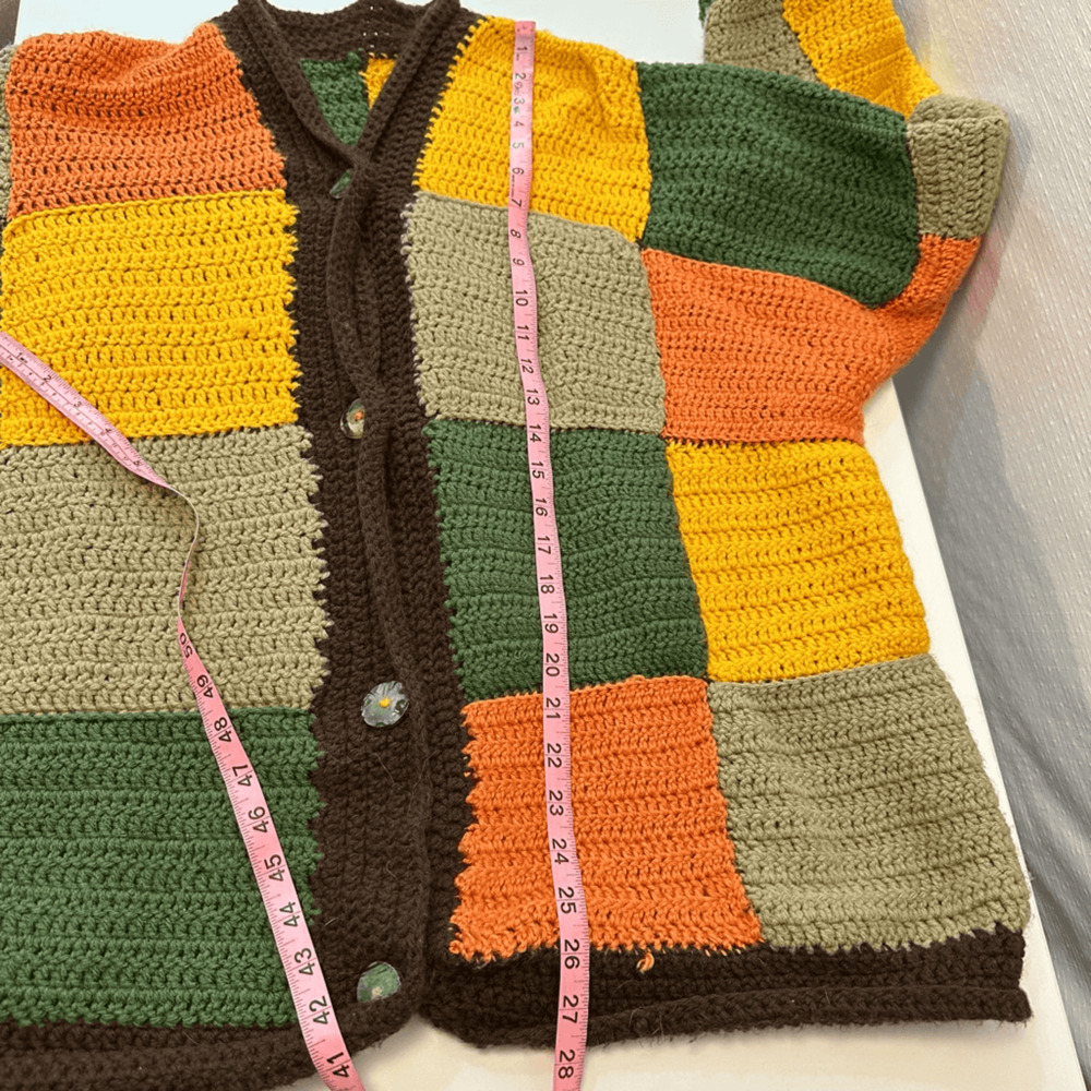 90s Hippie Hand Knit Cardigan Sweater Womens L Harry Styles Pattern Patchwork - Picture 5 of 10